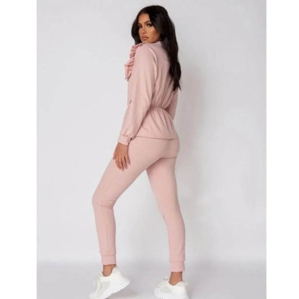 Pink Long Sleeve High Neck Frill Detail Top and Jogger Pants Two Piece Set - Picture 5 of 11